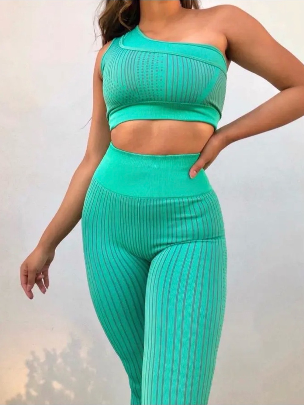 Fabletics Aqua Green One-Shoulder Ribbed Crop Top & High-Waist Leggings